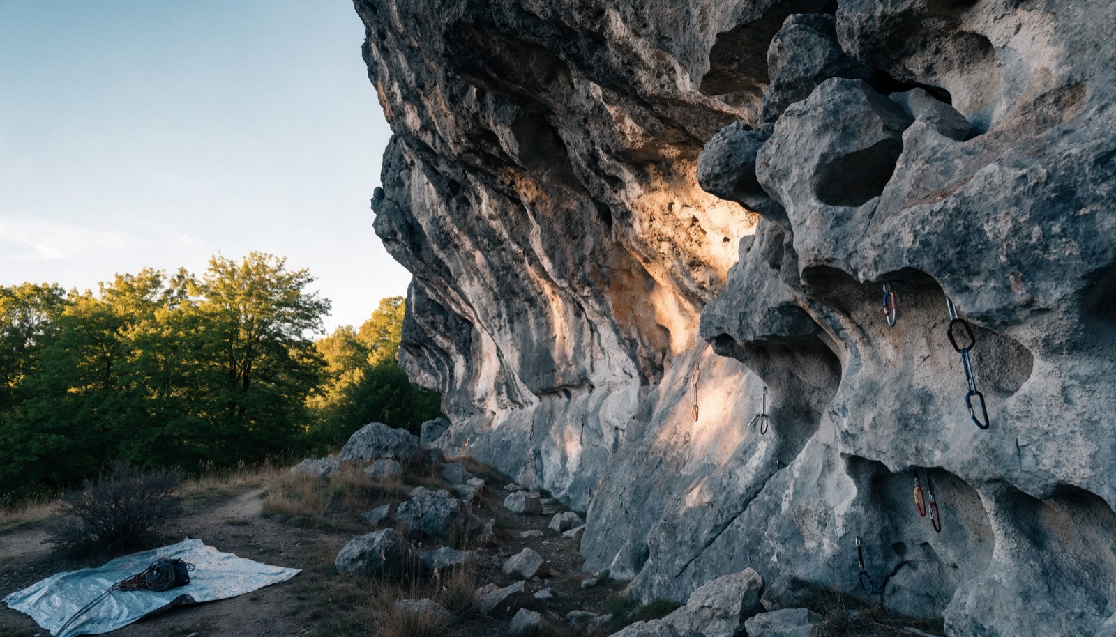 Bolted sport routes on a limestone crag